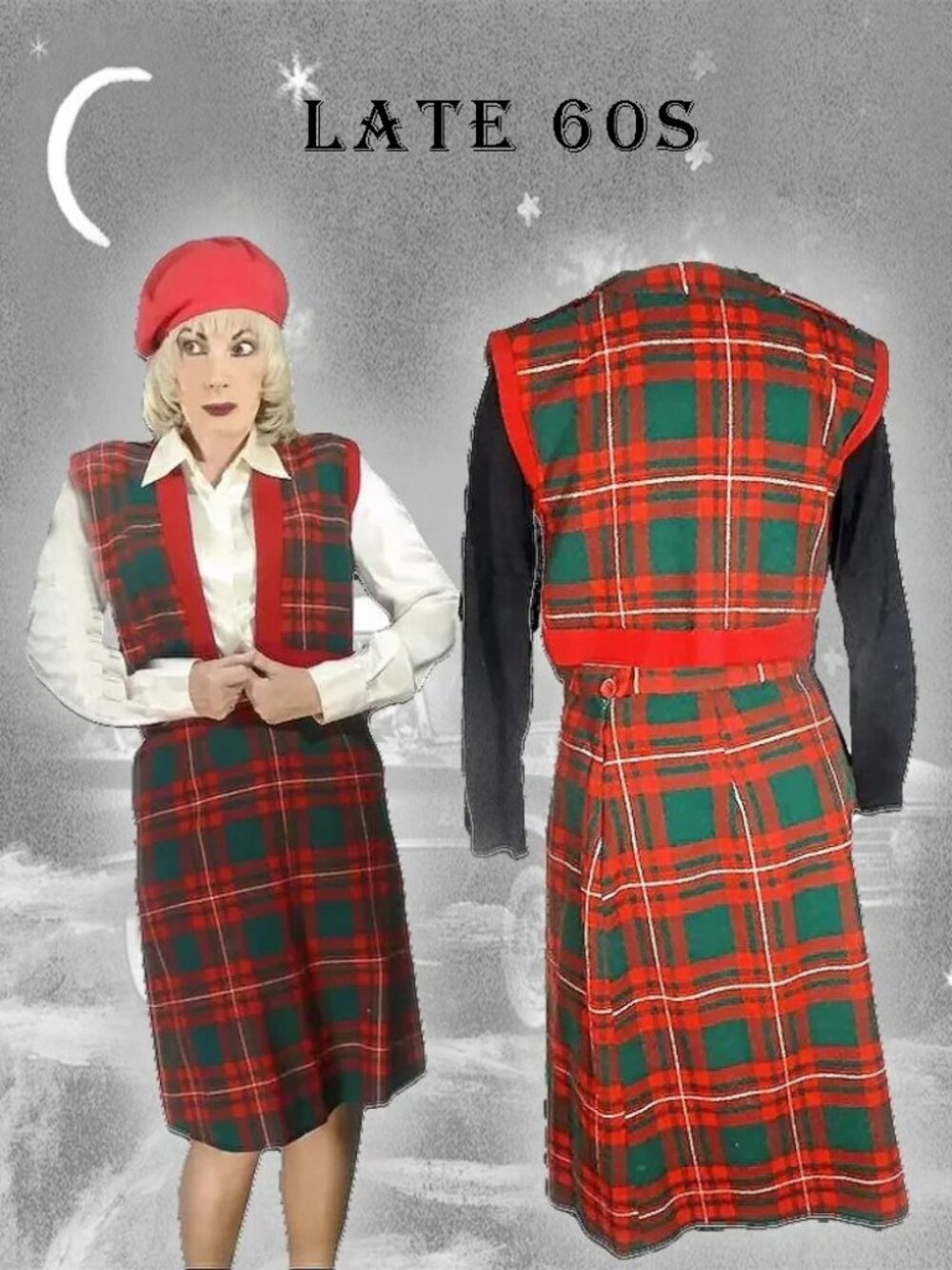 Red Tartan Pencil Skirt & Vest Fall Winter Outfit Plaid Vintage Academia